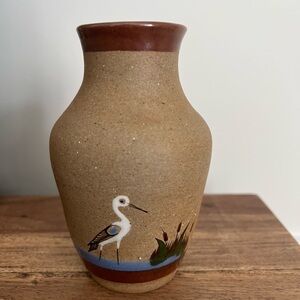 TONALA Crane Cattail Folk Art Vintage Mexico Sandstone Art Pottery Vase signed